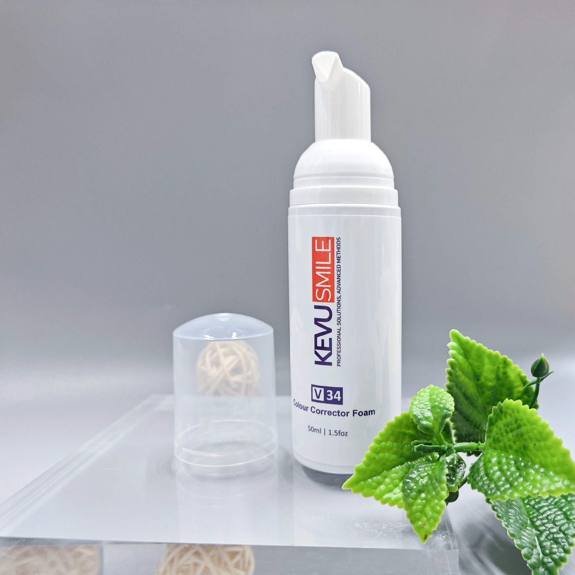 12-kevu-smile-colour-corrector-foam-clear-cap-and-green-leaf
